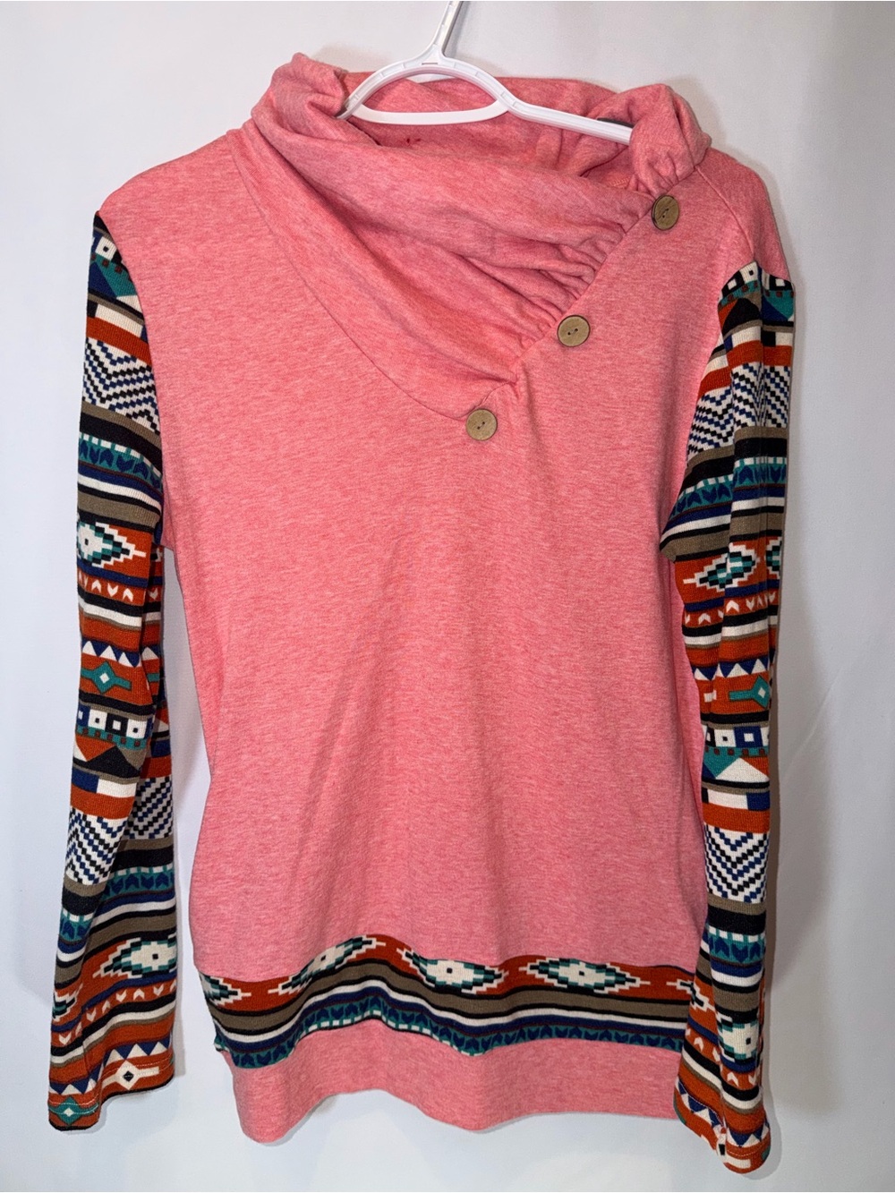 Pink Button-Neck Hoodie with Aztec-Print Sleeves